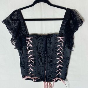 Vintage Elegant Moments Black Lace Up Corset Top with Pink Ribbon XL